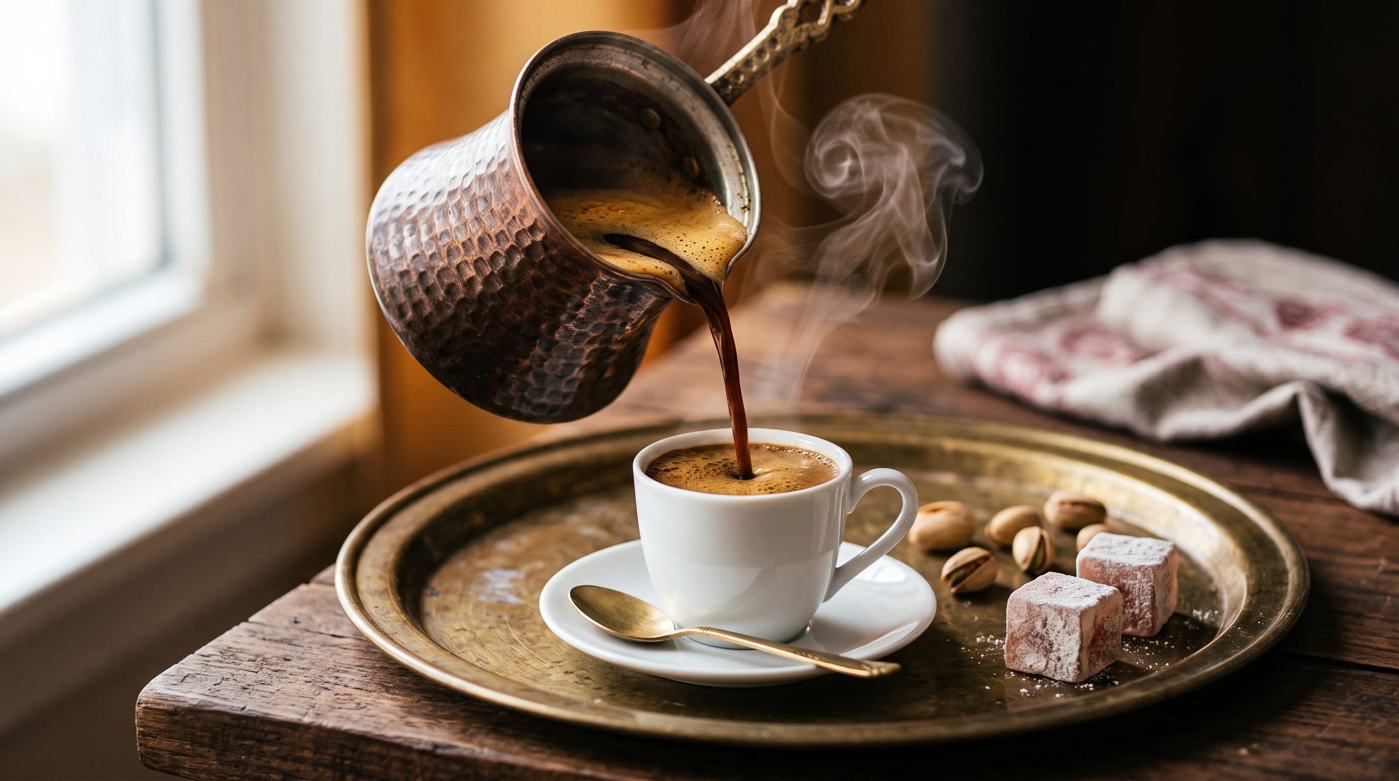Turkish coffee poured from a copper cezve