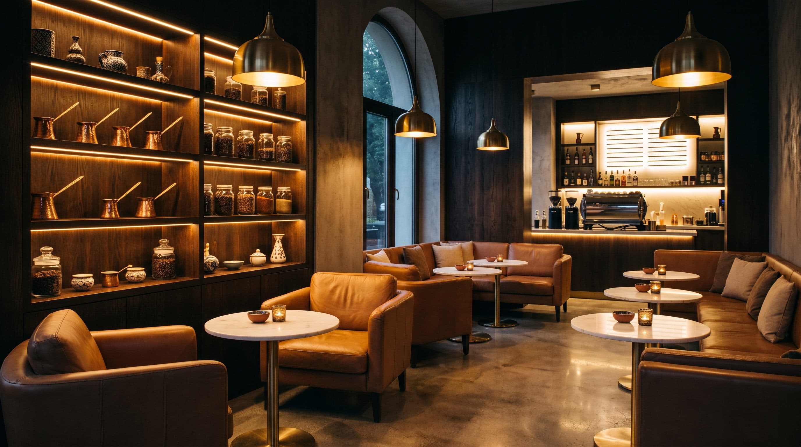 The lounge interior with warm lighting